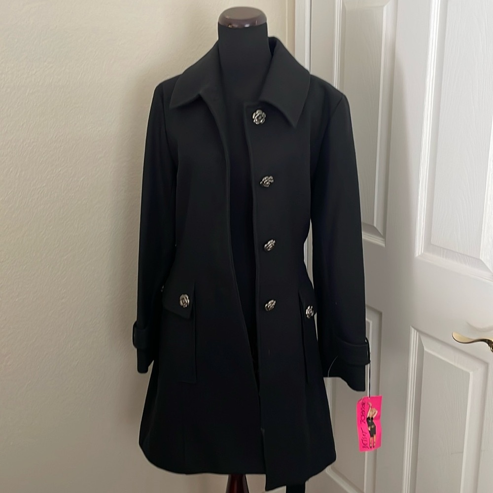 NEW BETSEY JOHNSON Belted Botton Black WOOL Coat - Picture 8 of 16